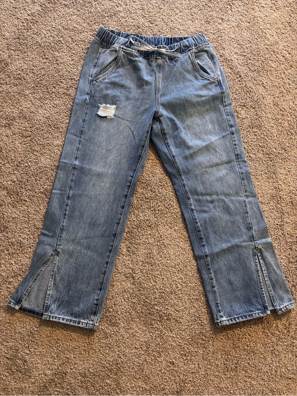 One Teaspoon Drawstring Distressed Wide-Leg Jeans with Front Slits - large